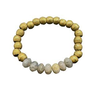Labradorite Stone and Gold Toned Beaded Stretch Bracelet